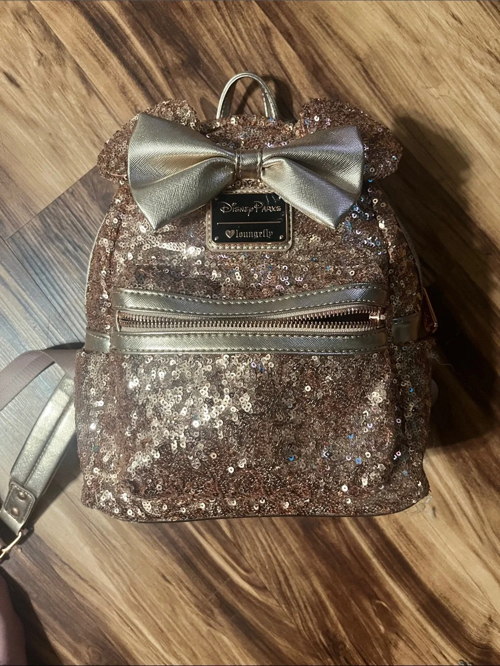 Loungefly Rose Gold Sequin Mini Backpack with Metallic Bow